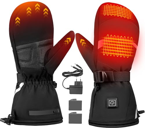 Gants de Ski Homme Femme, Gants Chauffants Rechargeables 7.4V 3000mAh, Gant Chauds d'hiver Écran Tactile 3 Niveaux de Température Imperméables et Antidérapant Mitaines pour Ski Moto Randonnée, XL