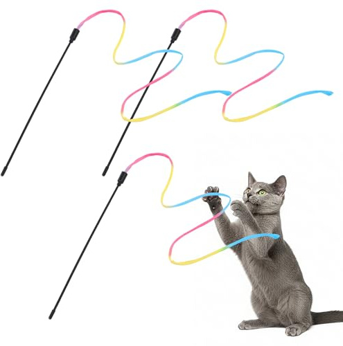 DOPENSPI 3 Stück Katzen Zauberstab, 88cm Katze Wand interaktives Spielzeug Interaktives Katzen Regenbogenstab Schnurspielzeug Interaktiver Zauberstab für Teaser Training Indoor