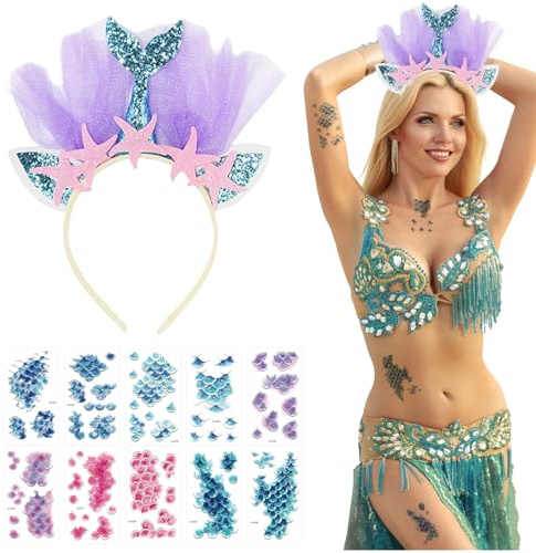 Dermalyx Meerjungfrau Haarreif, Karneval Meerjungfrau Kostüm Set, Meerjungfrauen Haarschmuck, Gesichtstattoo, Faschingskostüme Accessoires, Kostüm
