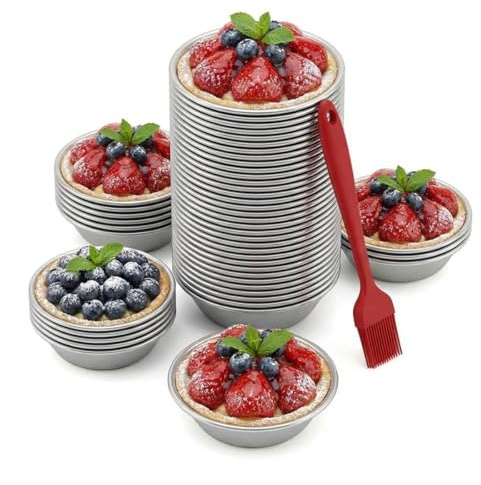 EAAGHK 25 PZ Pirottini in Alluminio per Crostatine Stampi di Crostate di Uova Riutilizzabili con Spazzola Pirottini Antiaderente per Crostatine e Tartellette Ideali per Dessert Monoporzione e Cupcake