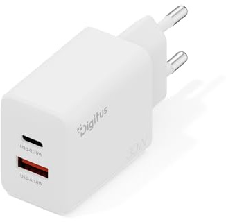 DIGITUS USB-C Ladegerät GaN II – 30W – 1x USB-C, 1x Typ-A – 2 Ports | Schnellladegerät geeignet für Handys, Tablets, Smartwatches und Bluetooth-Kopfhörer – Weiß