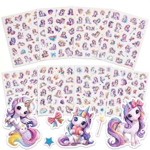 Adesivi glitterati con unicorno per bambini, 8 pezzi, simpatici adesivi olografici, impermeabili e antigraffio, adesivi per bambini, per libri, zaini, tablet, biciclette e borracce