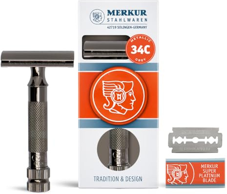 MERKUR Rasierhobel 34C | Kompaktgriff Metallic Grau | Zweiteiliger Rasierer mit geradem Schnitt | Geschlossener Kamm | Ideal zur Nassrasur | Zinkdruckguss | Schweres Griffstück | Made in Germany