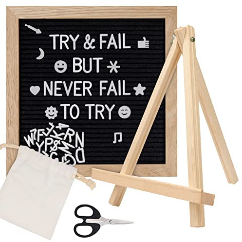 BELLE VOUS Filz Tafel mit Buchstaben - 25,5 x 25,5cm - Rustikale Deko Buchstaben Tafel mit Ständer - 332 Buchstaben, Symbole, Zahlen, Emojis & Aufbewahrungstasche - Nachrichten- & Memoboard