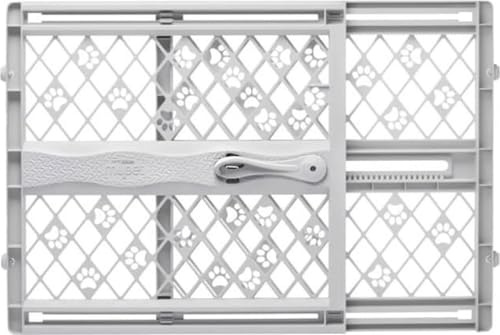 MYPET North States Paws Portable Pet Gate: 26-40 Wide. Pressure Mount. No Tools Needed. Made in USA. Dog Gate 23 Tall, Expandable, Durable Dog Gates for Doorways, Light Gray