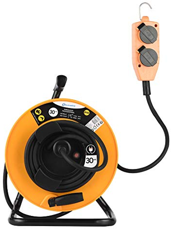 Electraline 49211, Kabeltrommel Professionel und fester Platte, H07 RN-F 3G1,5 25 m Kabel - IP44 Outdoor/Kabelrolle mit Steckdosenleiste 4 Schuko-Steckdosen/Kabelbox mit Verlängerungskabel, Gelb / Schwarz