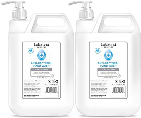 Lakeland Cosmetics antibacterial soap hand wash - 5L Litre with Pump - Vegan anti-bacterial liquid soap hand wash, made in UK (Pack of 2)