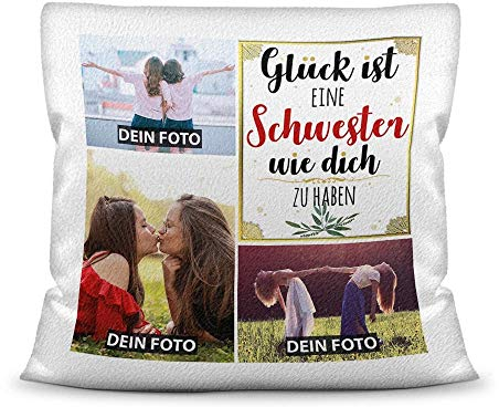 PR Print Royal Kissen mit Füllung - Fotocollage selbst gestalten mit Spruch für Schwester - GLÜCK - mit DREI eigenen Fotos - Geschenkidee Fotokissen - Kissen Polyester - Weiß flauschig