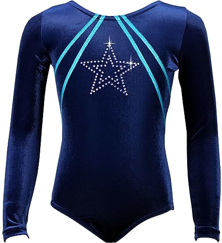 GymStern Turnanzug GymStar Langarm Nicki Samt & Strasssteine Mädchen Gymnastikanzug Samtbody Kinder Turntrikot, Größe:152, Farbe:Samt in Dunkelblau mit Türkis