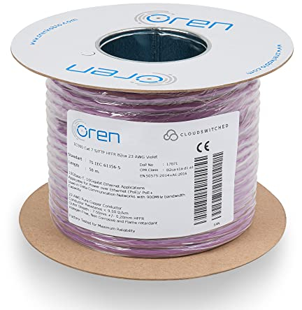 Oren CAT7 50m Cavo Ethernet – 23 AWG in Rame Nudo – B2ca - 900 MHz Larghezza Banda S/FTP Cavo di Rete LAN Internet, senza alogeni, anticorrosivo, antifiamma – 10GbE