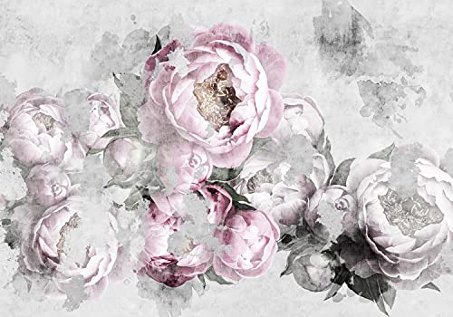 wandmotiv24 Fototapete rosa Blumen Vintage Pflanzen, XXL 400 x 280 cm - 8 Teile, Wanddeko, Wandbild, Wandtapete, Leinwand grau weiß Pflanze M6796