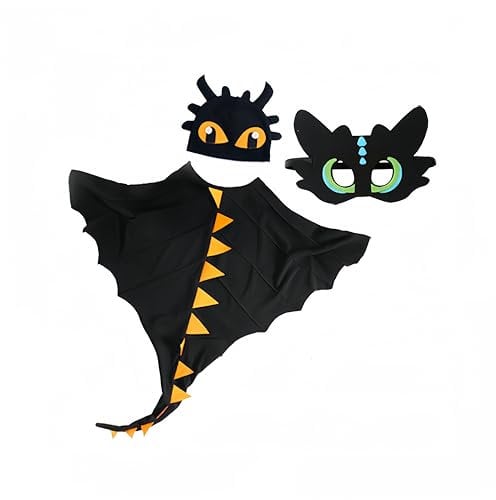 Proumhang 3 Stück Kinder Dinosaurier Umhang Kostüm Für Alter 3~8 Jahre, Dinosaurier Kostüm Cartoon Cosplay Umhang Set, Halloween Buntes Kostüm, Umhang + Gesichtsschutz + Hut Outfits,Schwarz