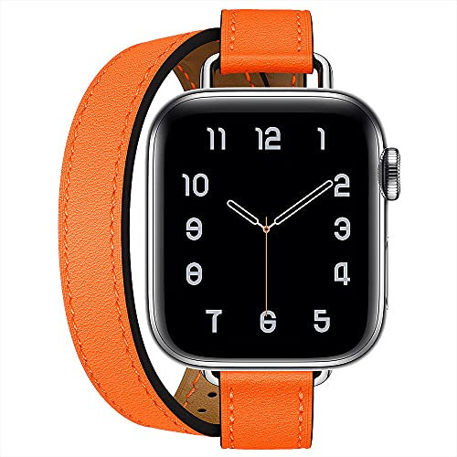 Fsavlroy Compatible with Apple Watch Band 38/40/41mm 42/44/45/49mm,Genuine Leather Women Double Tour Slim Wristband for iWatch SE Series 10/9/8/7/6/5/4/3 (38/40/41mm, Orange)