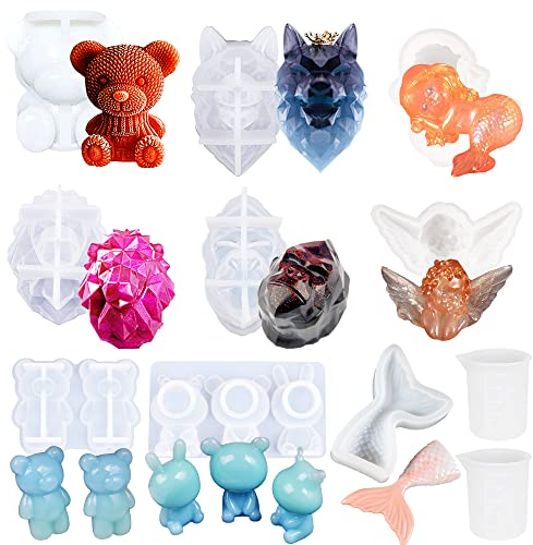Allazone 3D Molde Silicona Resina Animal, 9 Pz 3D Animal Moldes de Resina de Silicona Oso León Sirena Cabeza de Lobo con Taza Medidora para Manualidades de Resina DIY, Decoración Del Hogar