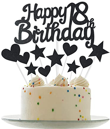 Personalisierte Happy 18th Birthday Cake Toppers Black Cake Decorations for Girls Boys Kid 18th Birthday Cake Cupcake Topper, Glitter Cakes Banner Decoration for 18 Birthday Anniversary Party Supplies