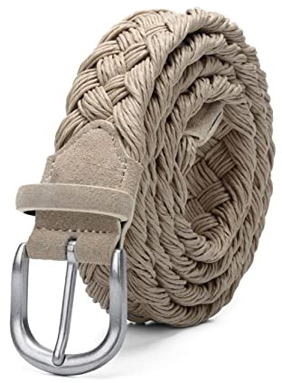 Elegantyl Cintura da uomo in pelle scamosciata con cintura intrecciata in corda di cera Fibbia argentata senza fori Cinture da lavoro manuale in tessuto di cotone, Beige, 110cm