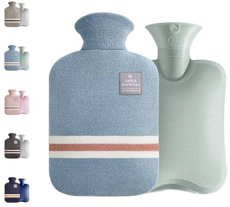 Small Hot Water Bottle with Knitted Cover, 1L Large Capacity Hot Water Bag with Removable and Washable Soft Cover for Pain Relief, Neck and Shoulders, Great Gift for Women, Men, Kids (1L-Blue+Green)