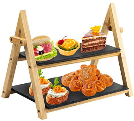 HEFTMAN Etagere Schiefer mit 2 Etagen - Rustikales Faltbares Etagere Holz 2 Stöckig, mit Schwarz Mehrstufige Servierplatten für Desserts, Kuchen, Tapas, Käse - Etagere aus Schiefer (32 cm x 41 cm)