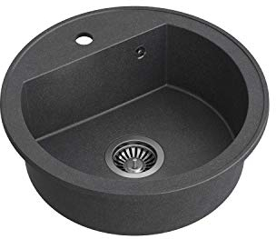 QUADRON fregadero de cocina redondo | tamaño 51 x 51 x 18 cm, diámetro 43, negro y acero | fregadero de granito JOHNNY 210 | fregadero empotrado con orificio para grifo | fregadero de un seno