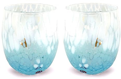 MAZZEGA ART & DESIGN Wassergläser Bicolor aus handgefertigtem und handgearbeitetem Muranoglas mit Murrine-Muster - Die Farben von Murano - Bicolor 435ml. (2, Himmelblau)