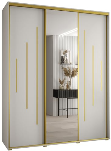 MEBLE KRYSPOL Davos 13 200 Schrank mit DREI Schiebetüren für Schlafzimmer - Moderner Kleiderschrank mit Spiegel, Kleiderstange und Regalen - 235,2x200x60 cm - Weiß Weiß Gold