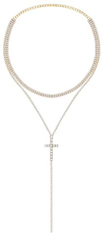 JewelryWe Kreuz Choker Halskette Damen: Gold Y-förmige Multi Reihen Strass Lange Kette mit Kreuz Anhänger Geschichtete Halsband für Frauen Mädchen