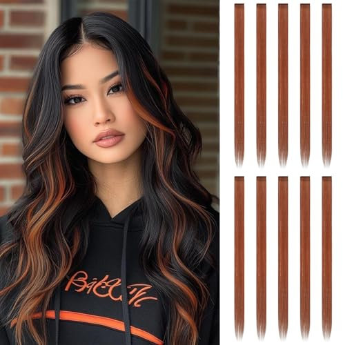 FESHFEN Farbige Haarverlängerung, 10 PCS Kupfer Haarteil für Damen Synthetik Party Highlight Bunte Glatte Haarverlängerungen Clip in Haarteil für Frauen, 55cm