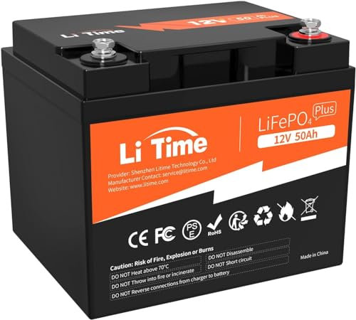 Litime Batteria Litio 12V 50Ah LiFePO4 Incorporato 640W Batteria Ricaricabile 5000+ Cicli Profondi Lunga Durata Perfetta per RV, Camper, Off-grid, Sistema Solare, Barca