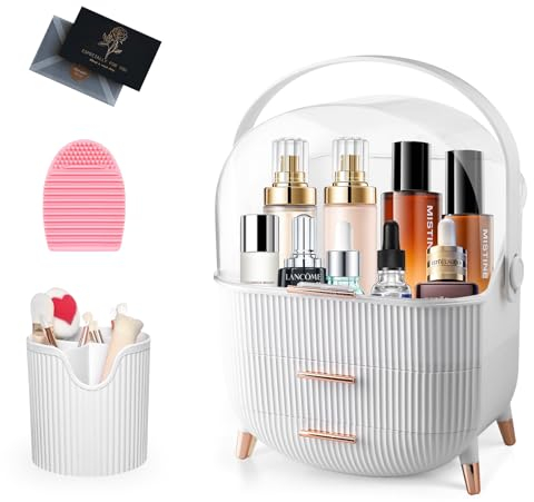 UCAMP Organizador Maquillaje,Organizador de Maquillaje con soporte para brochas,de plástico de 3 niveles con asa y tapa transparente,soporte Organizador Cosmeticos impermeable y a prueba de polvo