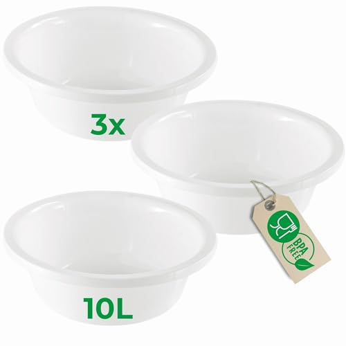 Novaliv 3 cuencos redondos de 10 l, diámetro de 40 cm, blanco, sin BPA, apto para lavavajillas, ideal para cocina y camping, cuenco redondo, cuenco grande de plástico, cuenco de plástico, cuenco para