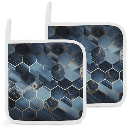 Blue Hexagons and Diamonds Topflappen, Set mit 2 hitzebeständigen Topflappen mit Aufhängeschlaufe, wasserdicht, langlebig, für Mikrowelle, Grillen, Kochen, Backen, 20,3 x 20,3 cm