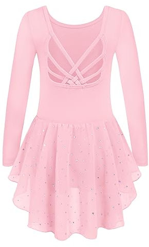 Arshiner Ballettkleidung Mädchen Kinder Baumwolle Tanzkleid Langarm Ballettkleid Rosa Ballett Trikot mit Tütü Ballerina Kleid 150/7-8 Jahre
