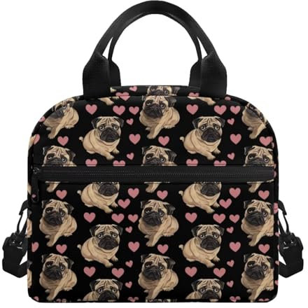 SCRAWLGOD Isolierte Lunchtasche mit Mops-Motiv für Kinder im Alter von 8–10/10–12/12–14, Mädchen, Schule, tragbare Thermo-Lunchbox, Hund, kleine Lunchbox, Herz-Tragetasche, Kühltasche mit Schultergurt