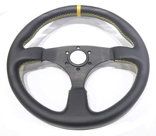 ZHANGSHUMIN Sportlenkrad Rennsportbuchung 14 Zoll 350mm Flacher Drift-Lenkrad/echtes Leder-Lenkrad Holzlenkrad(Yollow Ring)