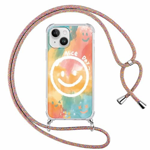 Foonary Handykette Handyhülle für iPhone 13 mini 5,4 Hülle mit Band, Aesthetic Lächeln Muster Case, Silikon TPU+PC Schutzhülle Necklace Cover mit Schnur Kordel zum Umhängen für iPhone 13 Mini,01