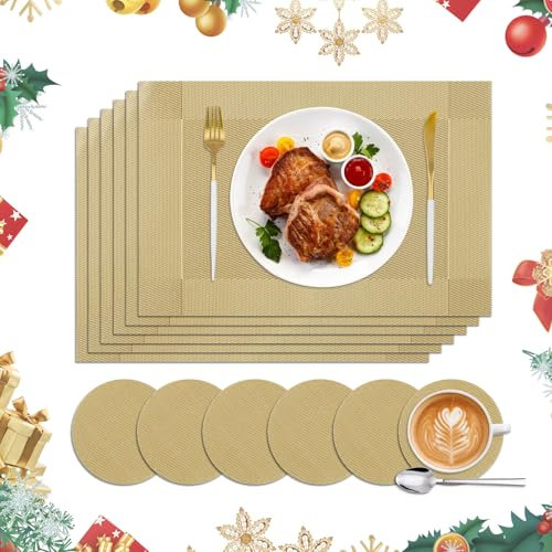 Homcomodar Gold Placemats and Coasters Set of 6 PVC Table Mats Christmas Place Mats for Dining Table Heat Resist Placemats Indoor Outdoor for Dining Kitchen(30x45cm)