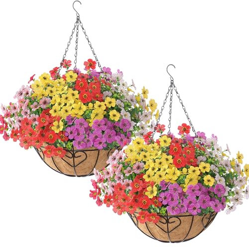 Weldomcor Home Decoration Multicolore Silk Flower Plant DIY Chain Hanging Basket Flower Pot Multicolor Artificial Violets Fake Flowers for Parlor Garden Wedding Patio Porch Deck Yard Decoration，2 Set