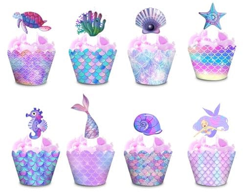 48pcs Mermaid Cupcake Toppers and Mermaid Theme Cupcake Wrappers Set Mermaid Cupcake Decorations Cupcake Picks Sea Theme Birthday Decorations for Kids Boys Girls Baby Shower Party Supplies