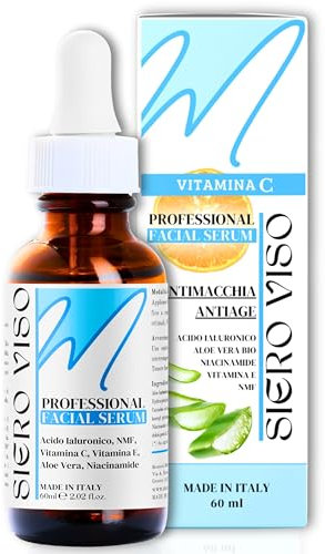 60ml Siero Viso Acido Ialuronico Puro con Vitamina C e E, Niacinamide, Aloe Vera Bio, Pantenolo. Antirughe Antimacchie Naturale e Senza Alcol - Dermatologicamente Testato