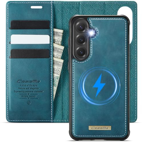 XYGLOW Hülle für Samsung Galaxy S25 5G 2-IN-1 Abnehmbar Magnetische Handyhülle Premium PU Lederhülle Kabellos Laden Kartenfach Standfunktion RFID Klapphülle Schutzhülle für Galaxy S25 Case - Blaugrün