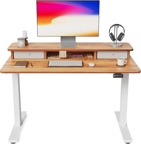 FEZIBO Height Adjustable Electric Standing Desk with Double Drawer, 100 * 60cm Stand Up Table with Storage Shelf, Sit Stand Desk with Splice Board, Light Rustic