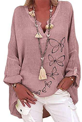 Tops de Lino para Mujer, Tops Casuales de Algodón y Lino con Estampado Personalizado Tops con Cuello en V para Mujer de Primavera y Verano Camisa de Lino de Manga Larga