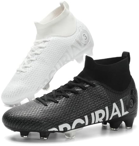 Xuanke Herren Fußballschuhe Jugend Professionelle Trainingsschuhe High Top Spikes Cleats Unisex Intdoor Outdoor Kinder Fußballschuhe für Kunstrasen geeignet Wettkampf TF/AG (43,AG-2 Weiß Schwarz)