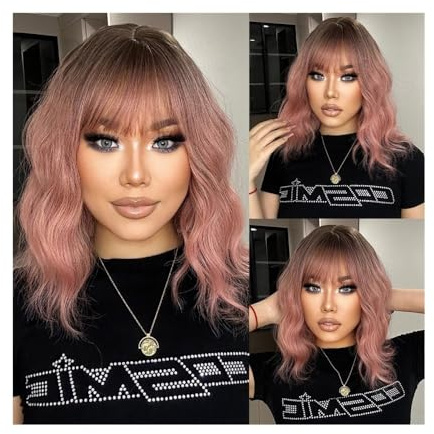 Bamboo Sea Perücken Kurze Ombre-Rosa-Bob-Perücke mit Pony, synthetische lockige Perücken mit dunklen Wurzeln for Frauen, schulterlang, Cosplay, tägliches Haar, hitzebeständig Perücke aus Echthaar