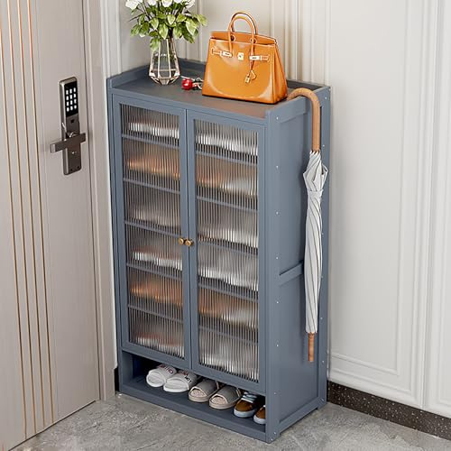 Générique Meuble à Chaussures en Bambou avec Portes et caillebotis pour entrée ou Bureau, Meuble à Chaussures en Bois Gris, 60 cm (60 × 32 × 107 cm)