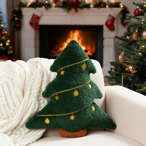 Miaikoe Weihnachtskissen, dekoratives Weihnachtsbaumkissen gefüllt Baumform gestickt Stern Kugel Schlafzimmer Weihnachtsplüsch für Party Heimdekorationen 39,3 x 37 cm Grün