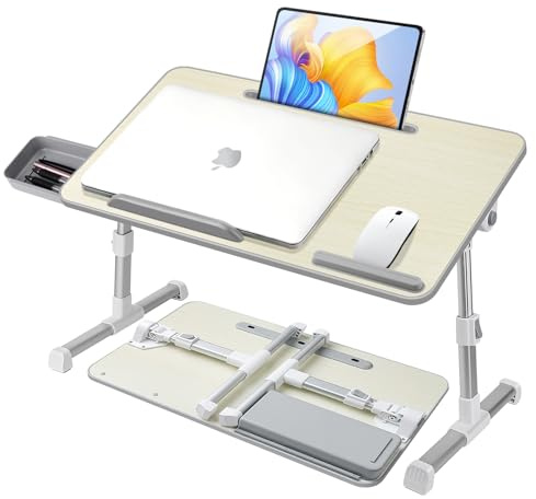 AirOpen Laptop-skrivbord för Säng, Justerbar Höjd och Vinkel, Knäskrivbord med Surfplattestativ och Låda, Passar Bärbar Dator Upp Till 15,6 Tum, Stativ för Säng, Sovva, Golv (53 x 30 cm, Beige)