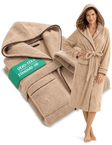 ELEVAVIDA Peignoir de Bain Femme en Coton douillet 400 g/m2 avec Capuche - robe de chambre femme extra doux et confortable - taille XS/S/M/L/XL - peignoir de bain sauna en éponge certifié OEKO-TEX