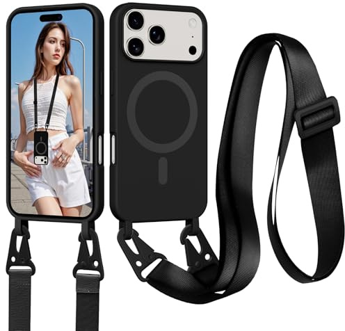 Yxnvixn Crossbody Lanyard Case for iPhone 17 Pro, Compatible with MagSafe, Liquid Silicone TPU Soft Shell Shockproof Magnetic Protective Phone Cover with Adjustable Strap Neck Cord Necklace, Black