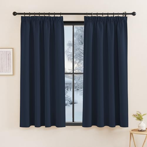 KGORGE Verdunklungsvorhänge Kurz Thermo Vorhang Blickdicht mit Kräuselband | Dunkelblau, 2er Set, 160 x 140 cm(HxB), Thermovorhang Kälteschutz, Verdunkelung, Sonnenschutz, für Schafzimmer/Küche